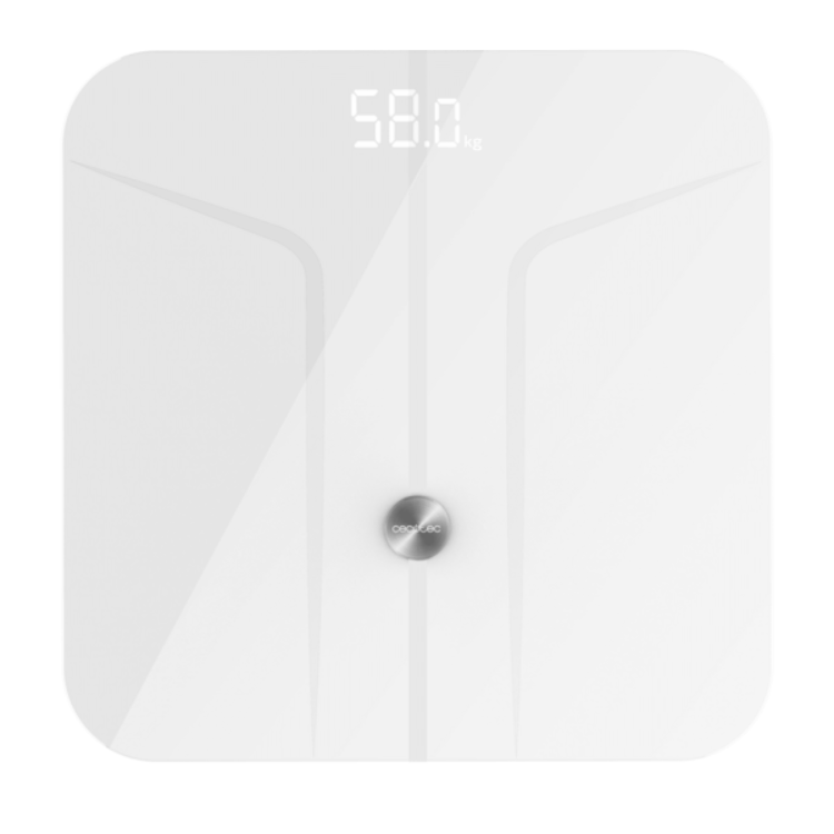 White Cecotec smart scale, 58.0kg display, rounded square shape.