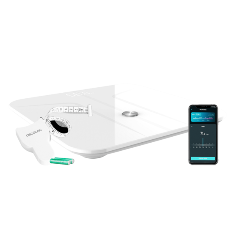 Cecotec white smart bathroom scale with smartphone displaying health data and two batteries.