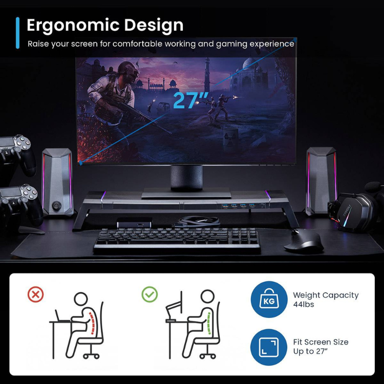 Ewent EW1268 klappbarer RGB-Monitorständer mit USB 3.0 Hub, schwarz
