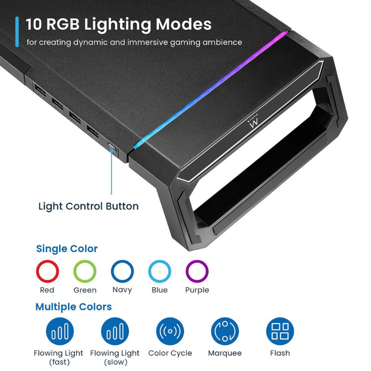 Ewent EW1268 klappbarer RGB-Monitorständer mit USB 3.0 Hub, schwarz