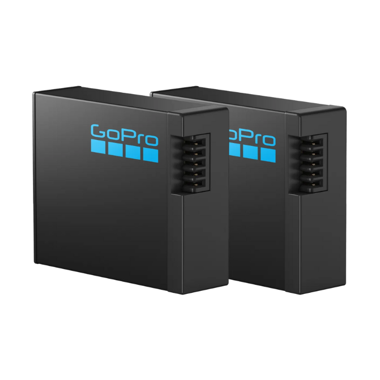 Two black GoPro Enduro batteries with blue logo and gold contacts.