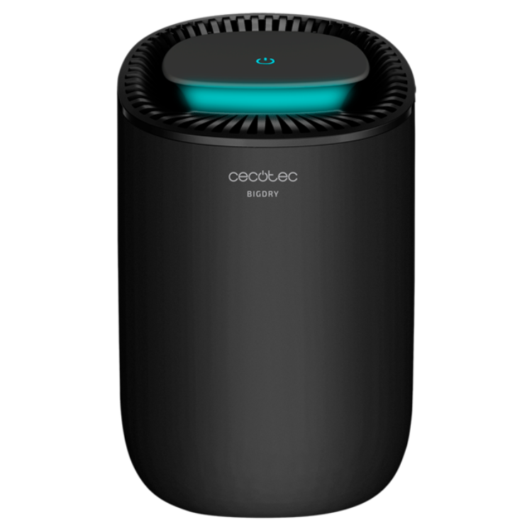 Black Cecotec BigDry dehumidifier, teal light on top, 0.6L capacity.