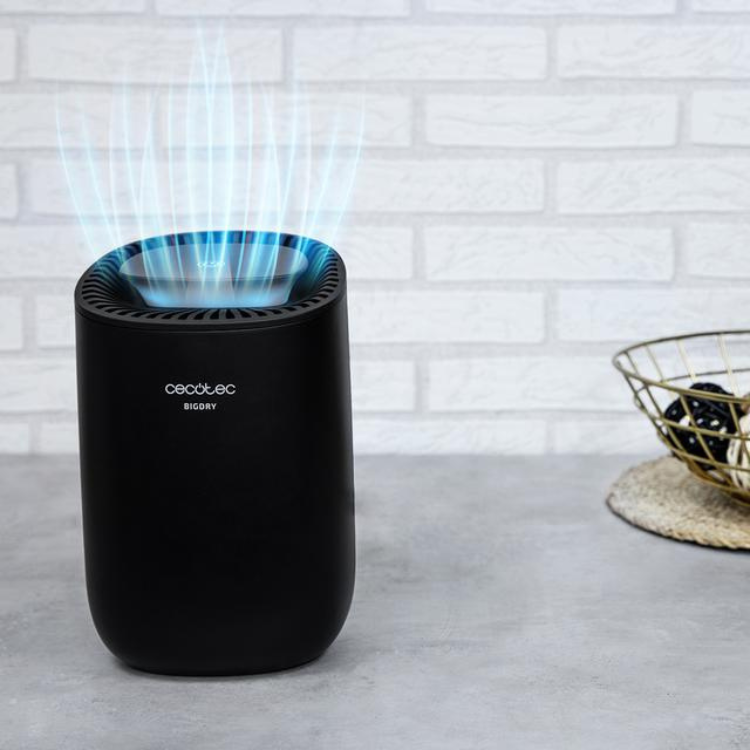 Black Cecotec BigDry 2000 dehumidifier with blue mist emission.