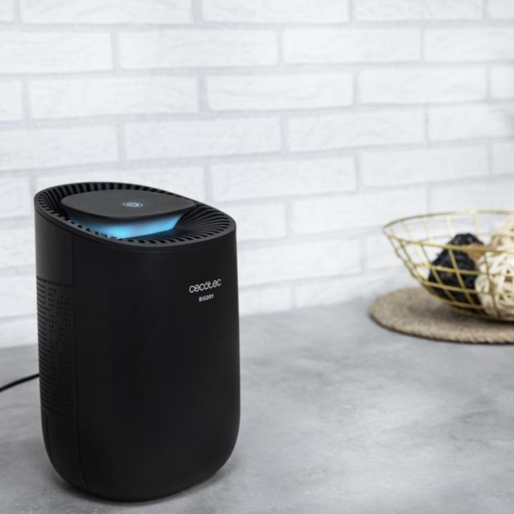 Black Cecotec BigDry 2000 dehumidifier, 0.6L capacity, blue light on top.