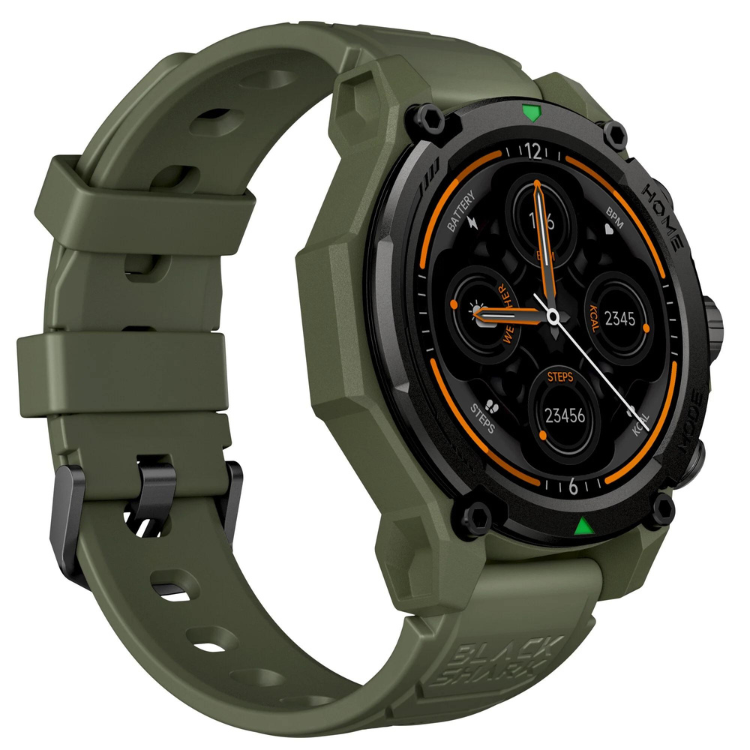 Smartwatch Black Shark GS3 verde com pulseira e ecrã preto e laranja.