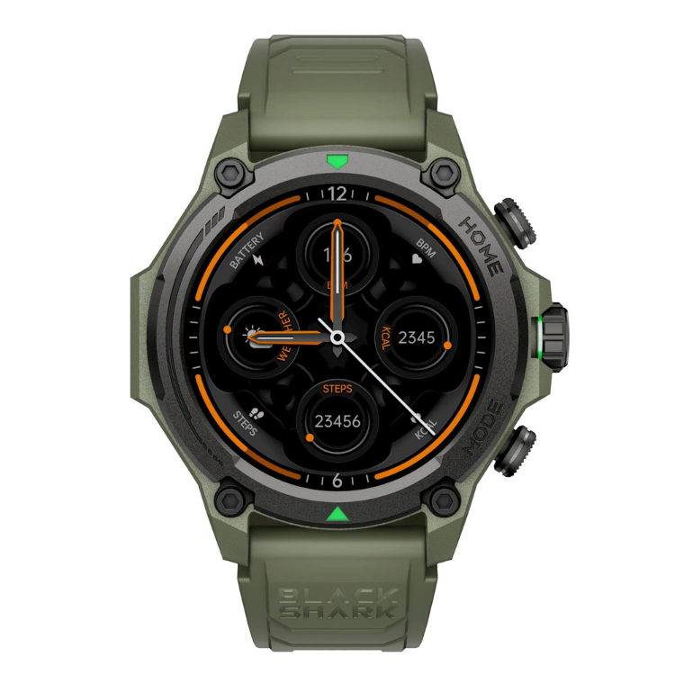Smartwatch Black Shark GS3 verde com pulseira verde e mostrador preto com detalhes laranja.