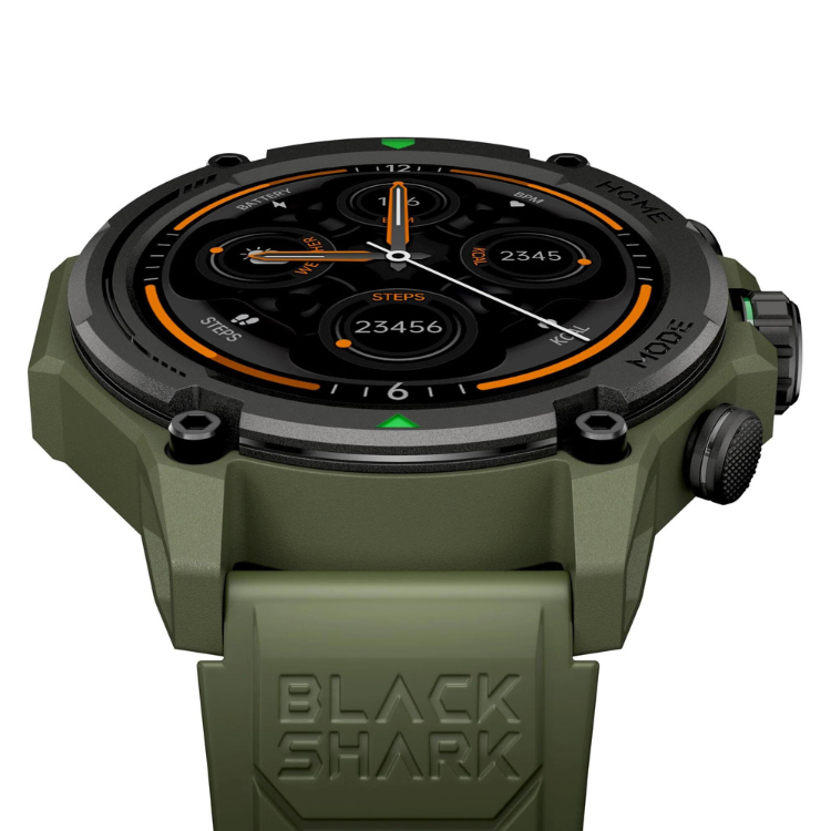 Smartwatch Black Shark GS3 verde com pulseira verde e mostrador preto com detalhes laranja.