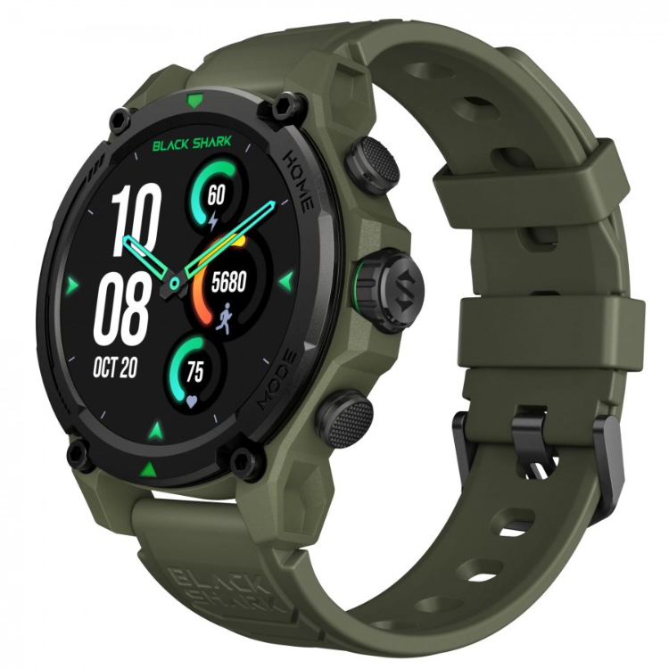 Smartwatch Black Shark GS3 verde com pulseira e ecrã preto, mostrando data, hora e indicadores de atividade física.
