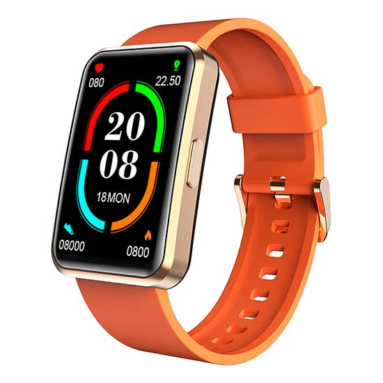 Smartwatch Blackview R5 laranja com pulseira de borracha e ecrã de 1.57 polegadas.