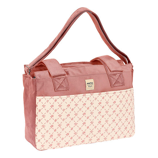 Bolsa adaptável ao carrinho de bebé Safta Marsala, cor-de-rosa com padrão de flores no fundo bege.