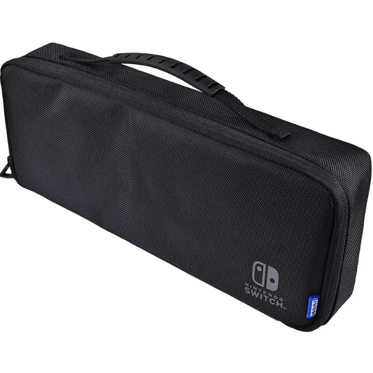 Black HORI cargo pouch for Nintendo Switch, with handle and zippered closure.