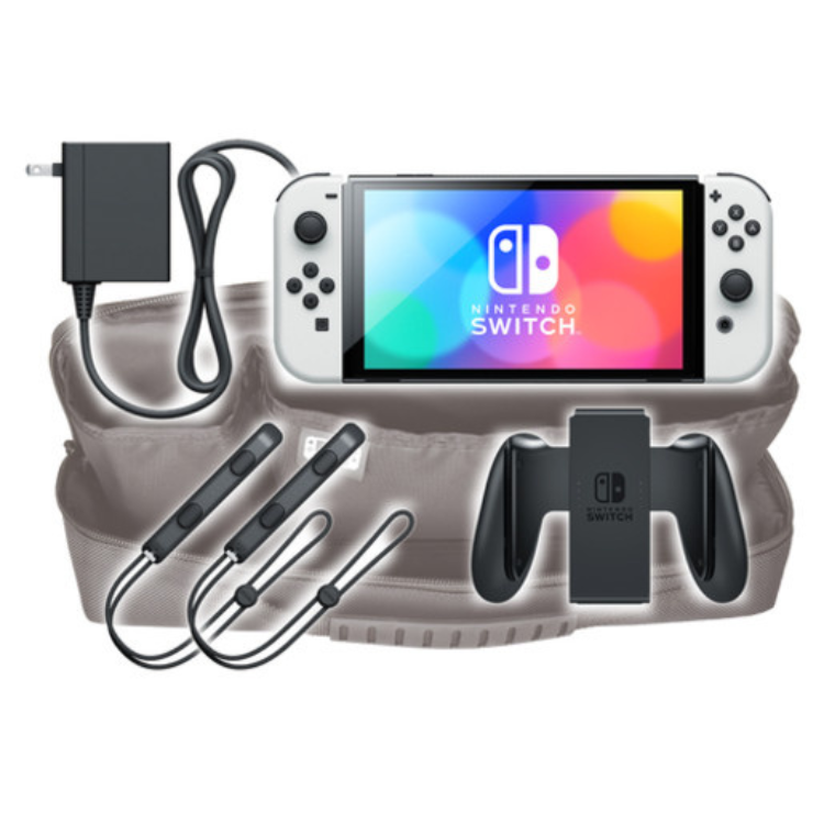 Black HORI cargo pouch with Nintendo Switch and accessories.