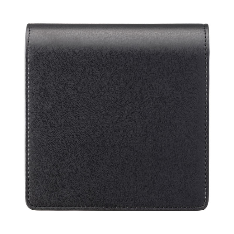 Black leather wallet, Fujifilm Instax Wide EVO, square shape.