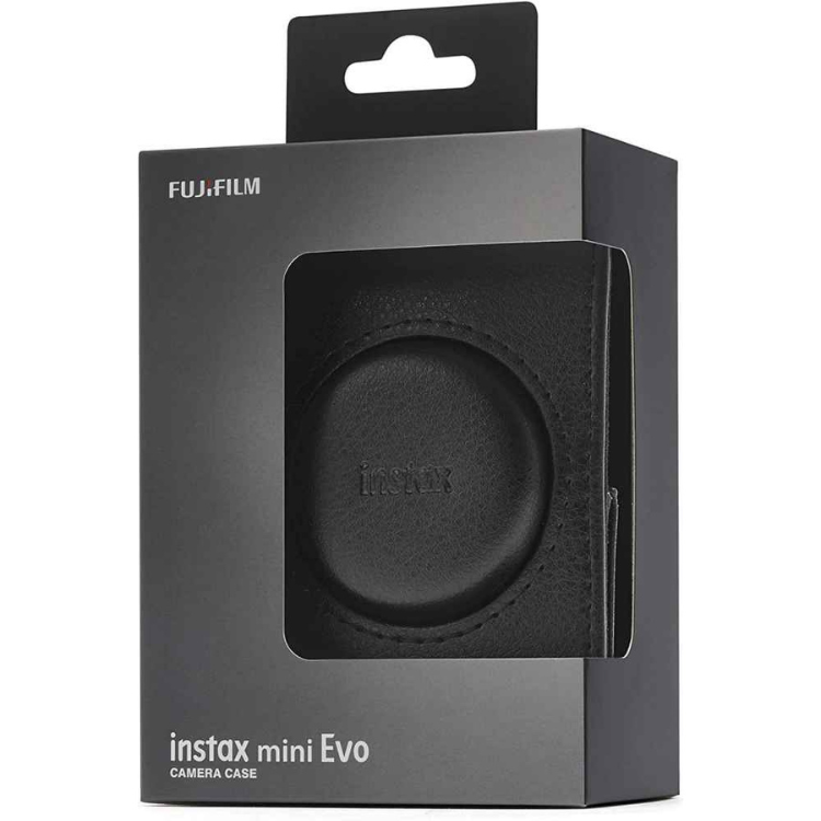 Black Fujifilm Instax Mini Evo camera case in packaging.