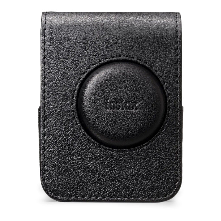 Black leather case for Fujifilm Instax Mini Evo camera.