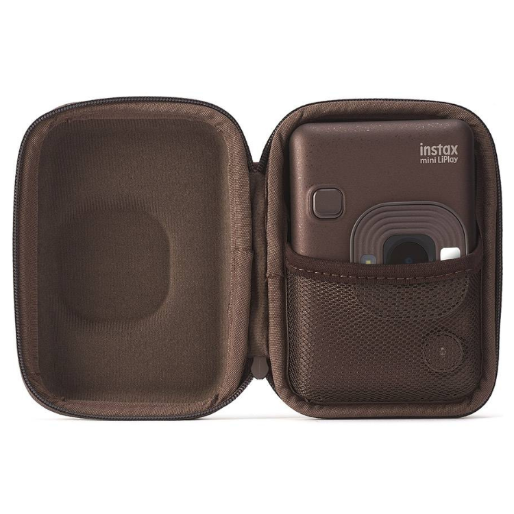 Fujifilm Instax Mini LiPlay camera in deep bronze case, partially inserted with lens visible.