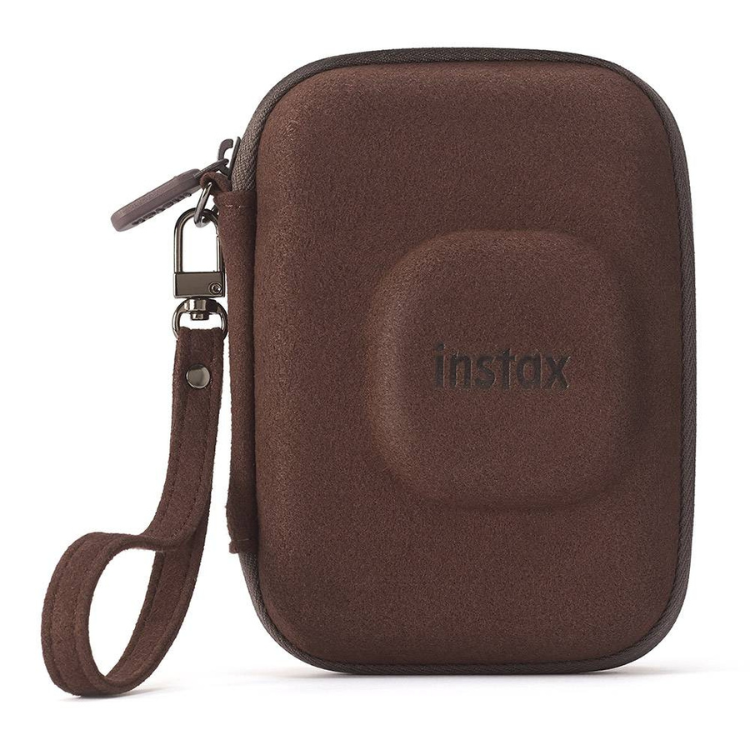 Brown leather Instax Mini LiPlay case with strap, Fujifilm branding.