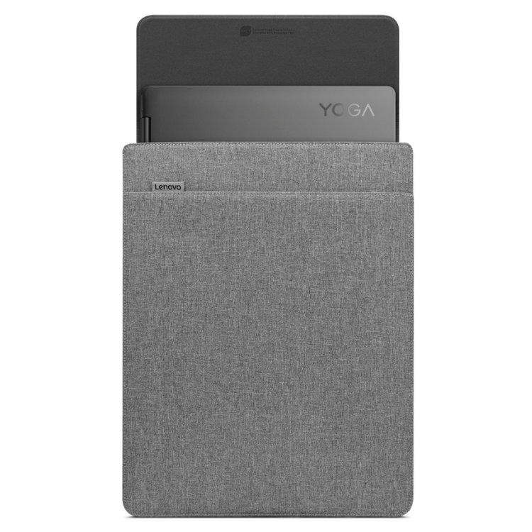 Bolsa Lenovo Yoga Sleeve 16" cinzenta com um portátil dentro.