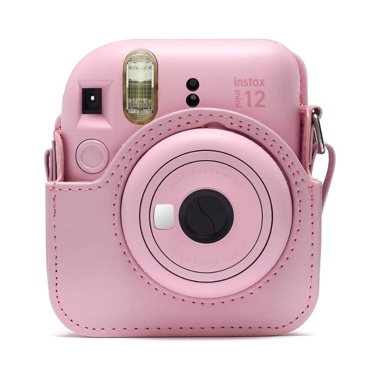 Pink Fujifilm Instax Mini 12 camera with leather case.