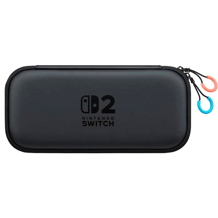Black Nintendo Switch 2 carrying case with logo and colorful zipper pulls.