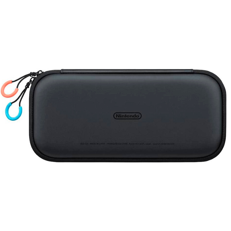 Black Nintendo Switch carrying case with orange and blue zipper pulls.