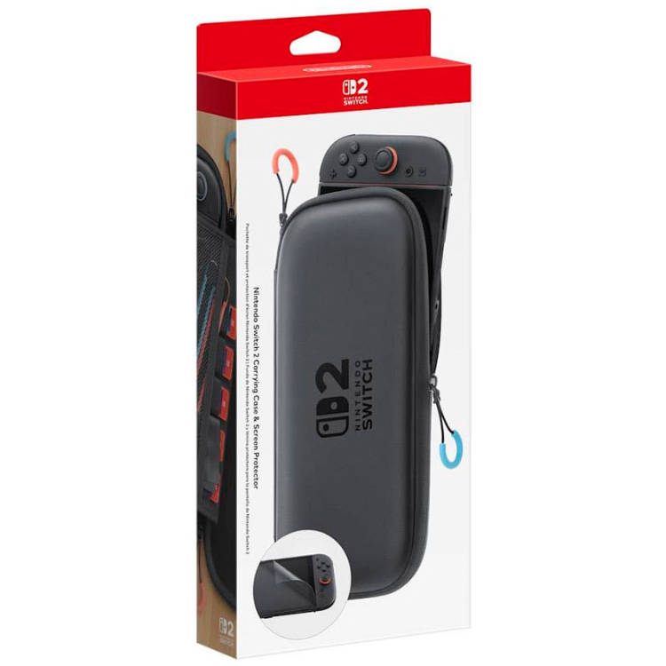 Nintendo Switch 2 carrying case and screen protector, black, in packaging.