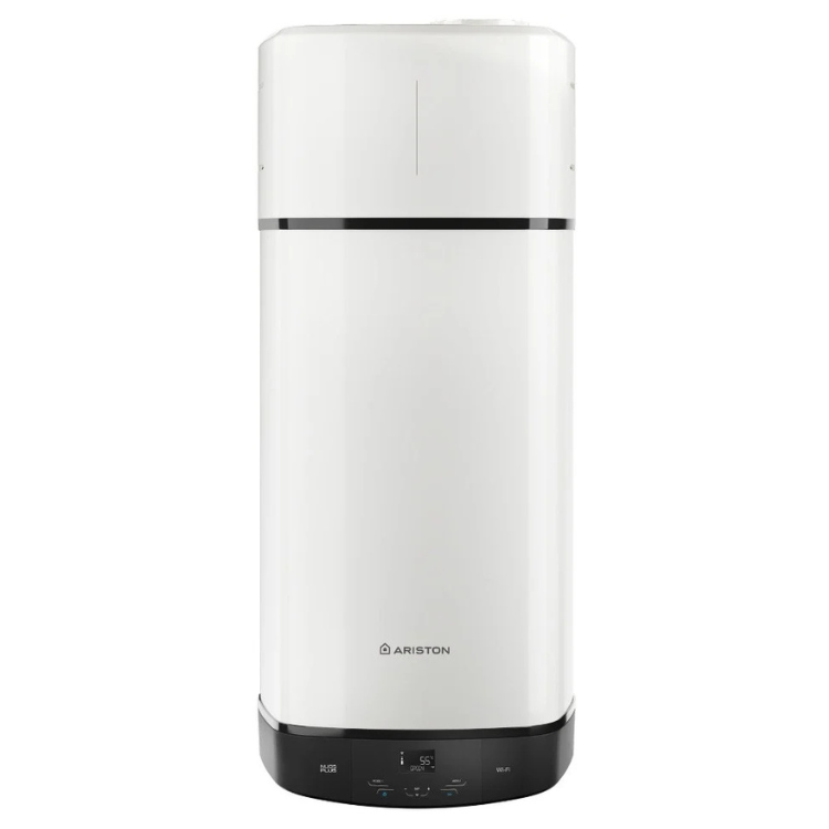 White Ariston Nuos Plus S2 water heater with black base and digital display.