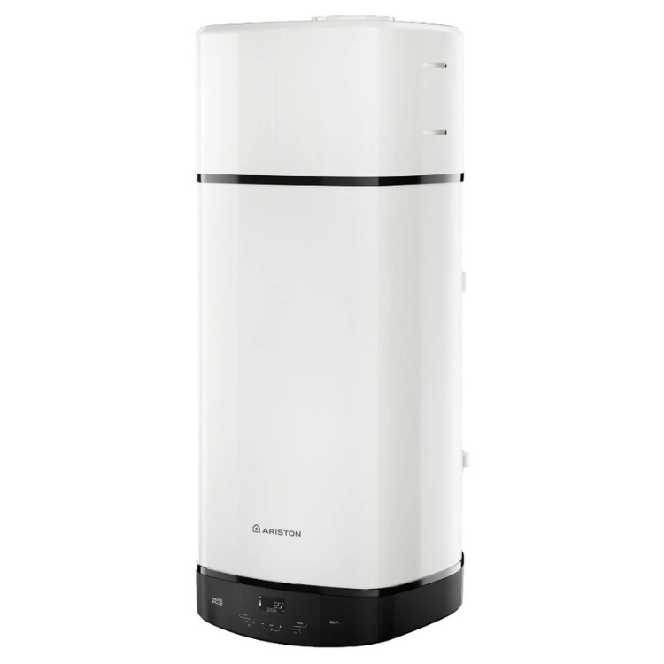 White Ariston Nuos Plus S2 Wi-Fi water heater with black accents and control panel.