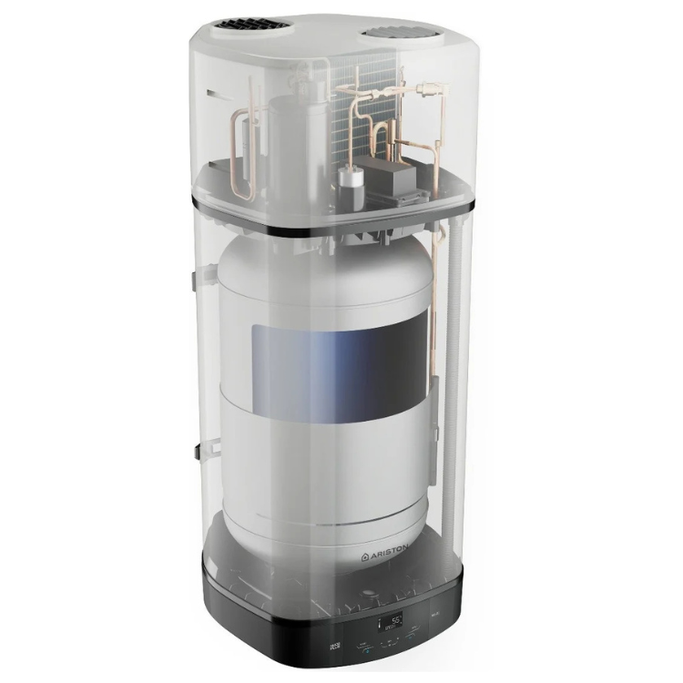 Ariston Nuos Plus S2 Wi-Fi WH 80L heat pump water heater, white and black, with visible internal components.
