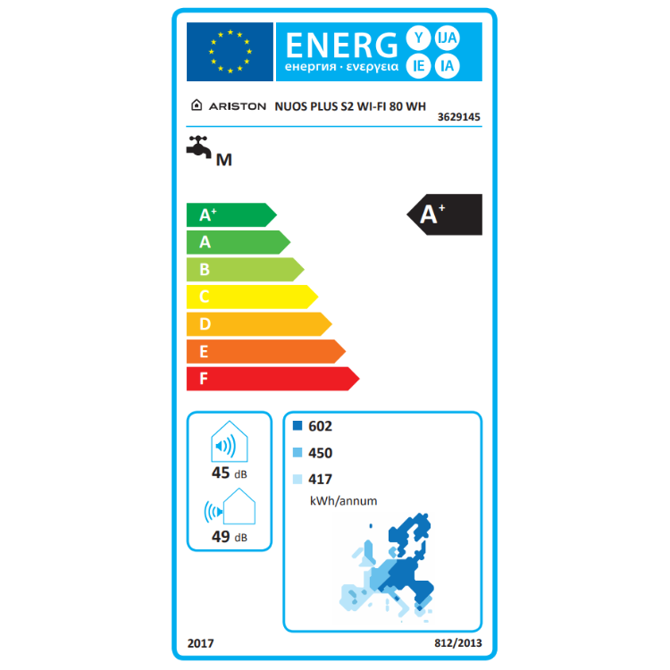 Ariston Nuos Plus S2 Wi-Fi 80 WH energy label, A+ rating, green energy efficiency arrow.
