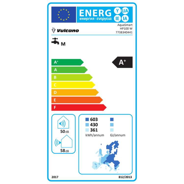 Vulcano AquaSmart HP100W energy label, A+ rating, green energy efficiency scale, EU flag, blue border.