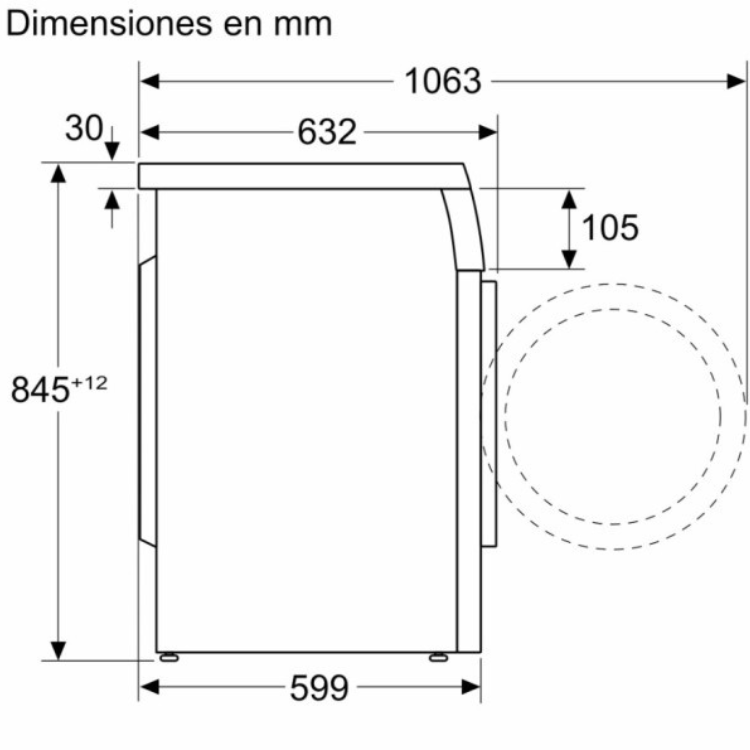 Bosch Serie 6 WUU28T68ES washing machine dimensions diagram, 9Kg, 1400RPM, white.