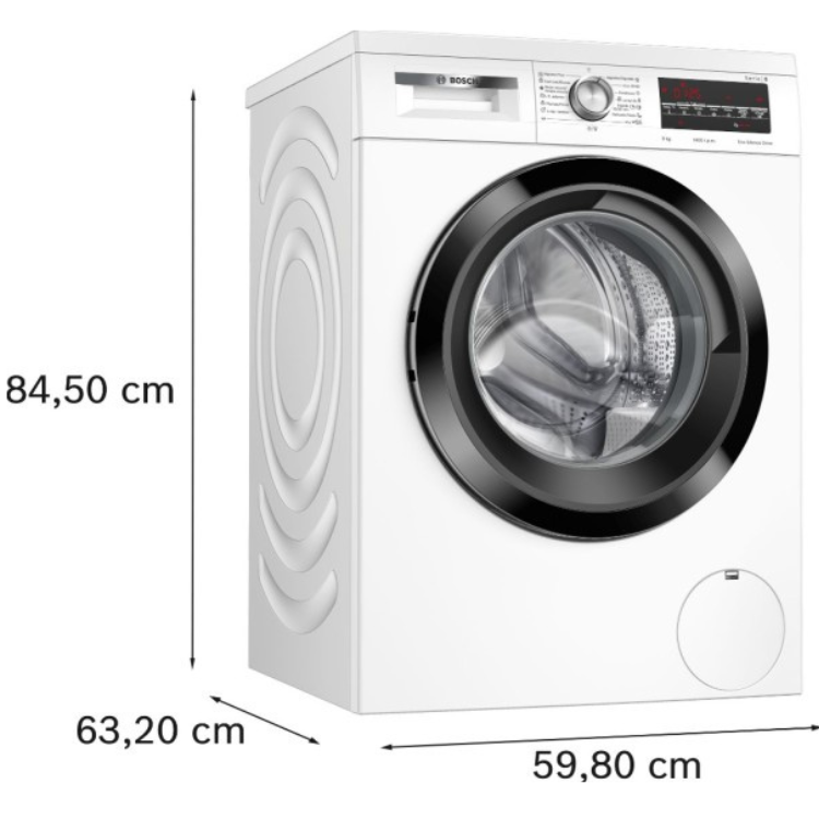 Bosch Serie 6 WUU28T68ES 9Kg 1400RPM white washing machine, front and side view, dimensions 59.8x63.2x84.5cm.