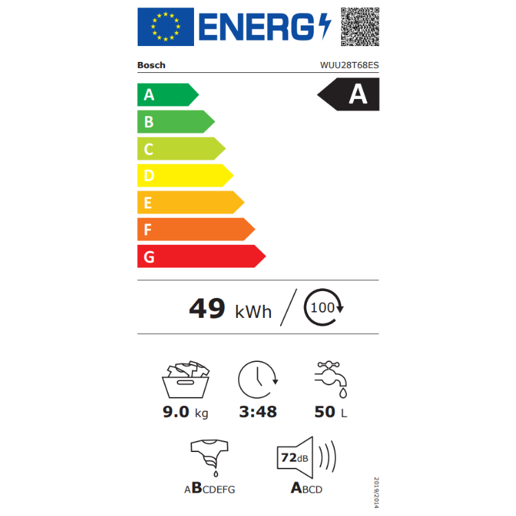 Bosch Serie 6 WUU28T68ES washing machine, 9kg, 1400RPM, Class A, white, energy efficiency rating A.