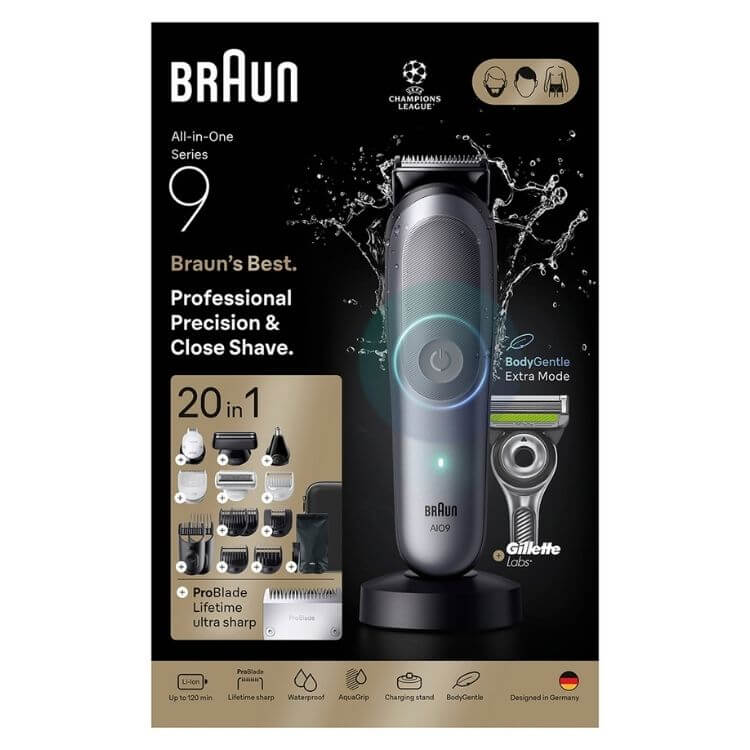 Aparador de Corpo e Barba Braun Series 9 AIO9540 20 em 1 Wet & Dry Cinzento