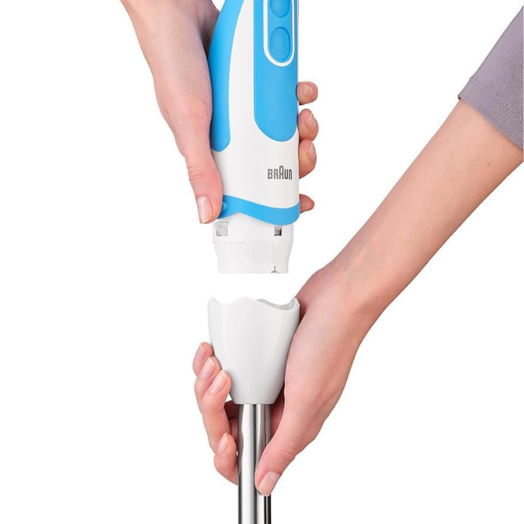 Braun MultiQuick 5 Vario hand blender, white and blue, with detachable shaft.