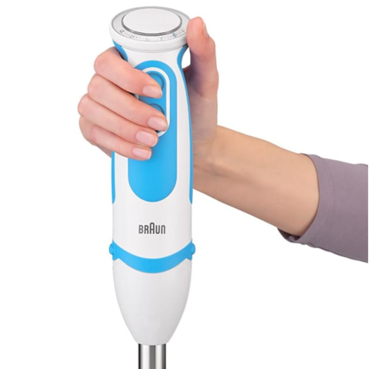Braun MultiQuick 5 Vario hand blender, white and blue, held by hand.