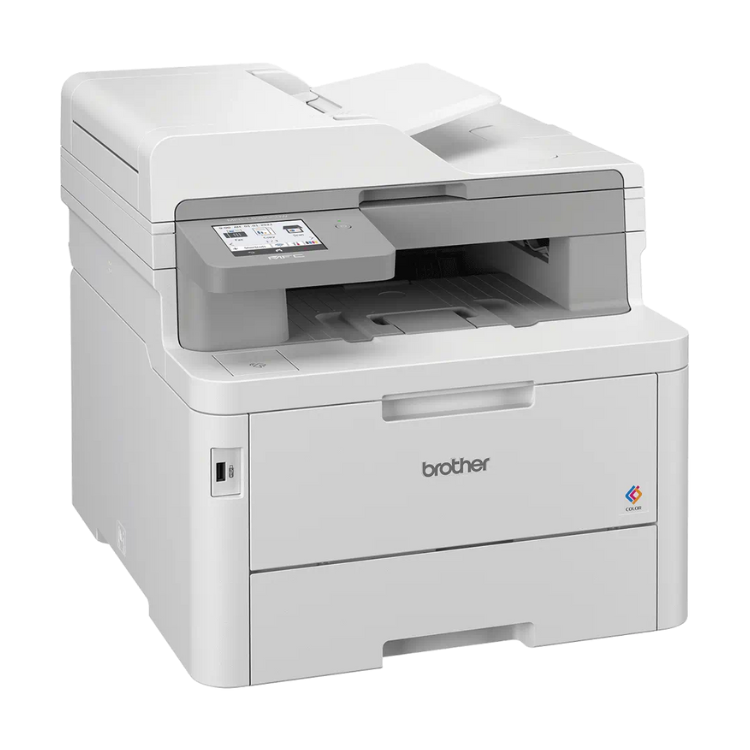 Brother MFC-L8390CDW color laser multifunction printer, white, with LCD panel and open top tray.