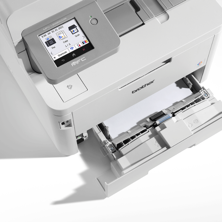Brother MFC-L8390CDW color laser multifunction printer with touchscreen display and open paper tray.