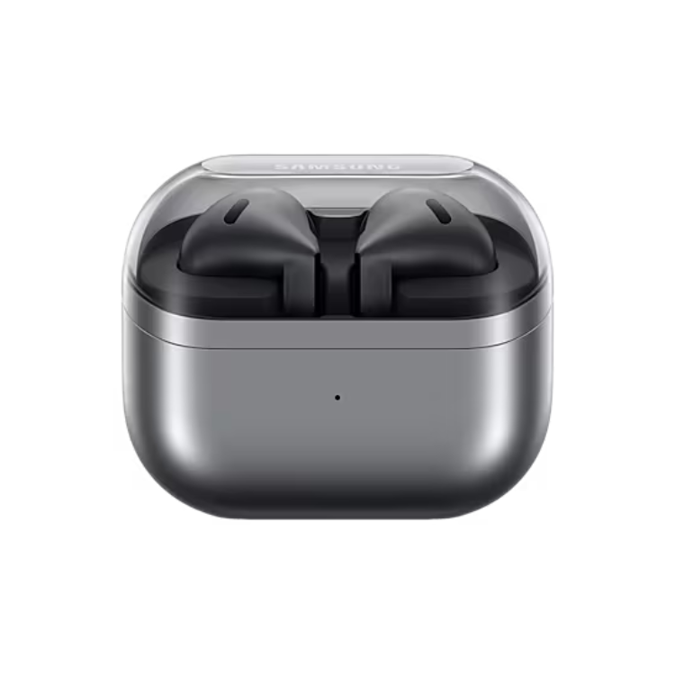 Auriculares Bluetooth Samsung Galaxy Buds 3 cinzento, em caixa de carregamento.