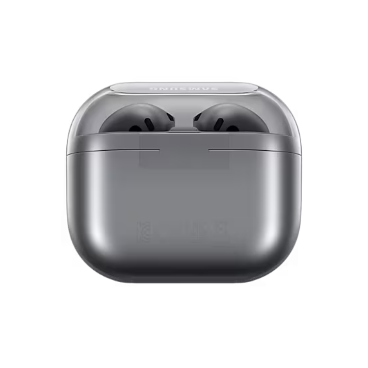 Auriculares Bluetooth Samsung Galaxy Buds 3 cinzento, com caixa de carregamento e dois auriculares visíveis no interior.
