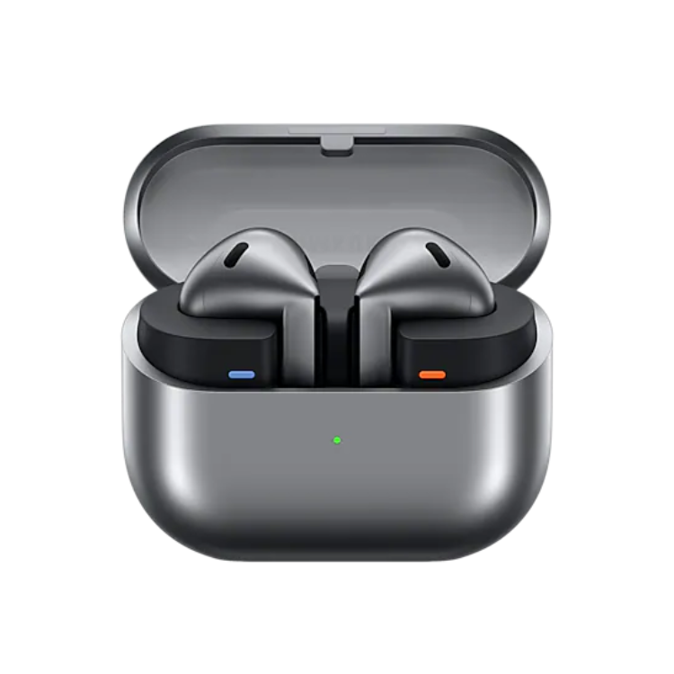 Auriculares Bluetooth Samsung Galaxy Buds 3 cinzentos em estojo de carregamento.