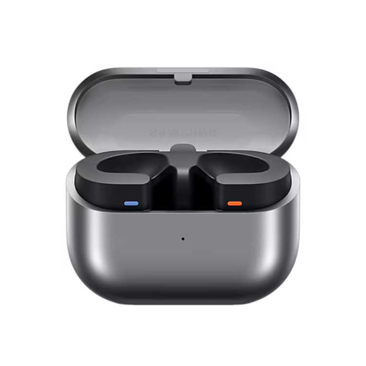 Auriculares Bluetooth Samsung Galaxy Buds 3 cinzentos em estojo de carregamento.
