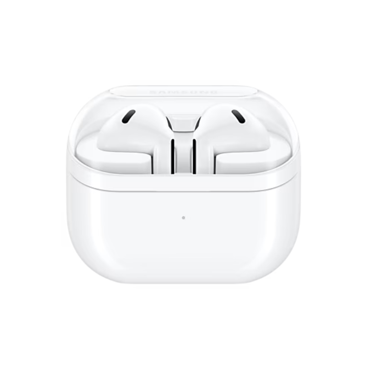Auriculares Bluetooth Samsung Galaxy Buds 3 brancos em estojo de carregamento.