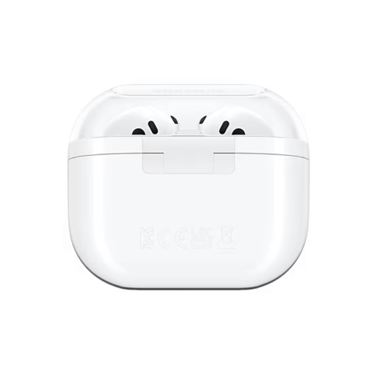Auriculares Bluetooth Samsung Galaxy Buds 3, brancos, em estojo de carregamento.
