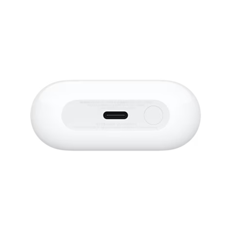 Fundo branco com um auricular branco no centro, com uma entrada USB-C e um botão circular.