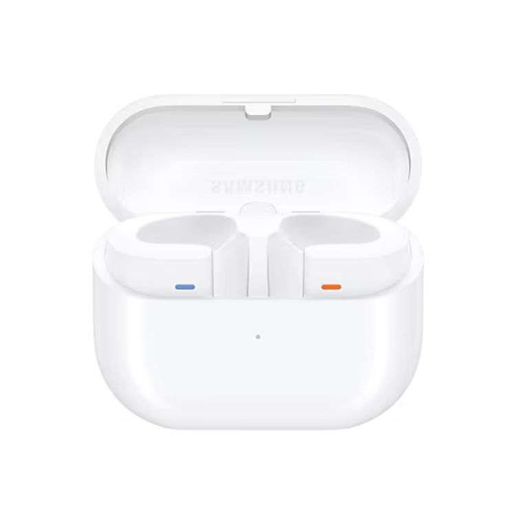 Auriculares Bluetooth Samsung Galaxy Buds 3 branco, caixa aberta com dois auriculares visíveis.