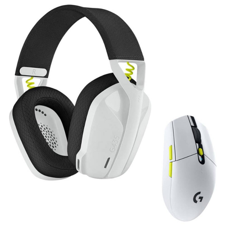 Logitech G435 white wireless gaming headset with black ear cushions and G305 white wireless mouse with yellow accents.