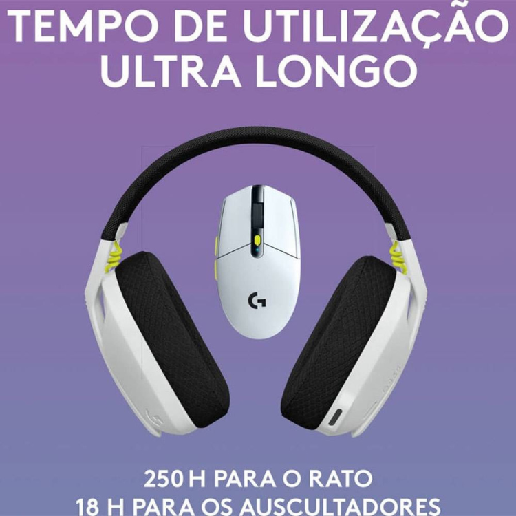 Logitech gaming headset and mouse, white and black, wireless.