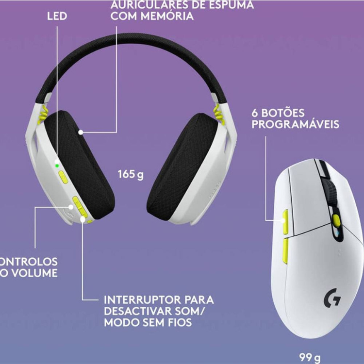 Logitech G435 white wireless gaming headset and G305 white wireless mouse with 12000 DPI optical sensor.